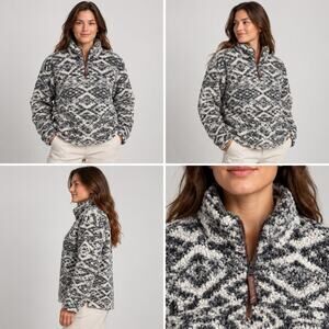 True Grit Sherpa Fleece Pullover M Gray Cream Geometric Quarter Zip